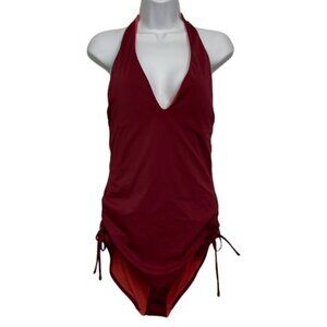 Women’s LOFT Beach Maroon Side Tie Halter V-Neck Swimsuit Size 12 EUC #1925